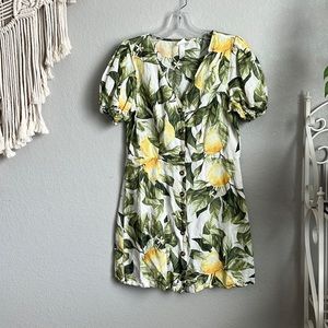 H&M Linen Blend Lemon Print Mini Button-up Dress - M/8
